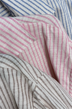 Çizgili Ve Simli Uzun Pamuk Viskon Gömlek 2730