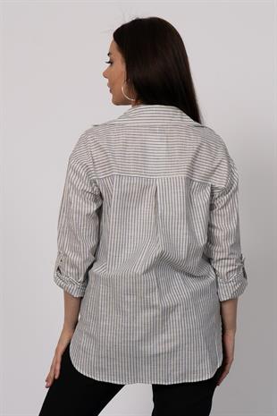 Çizgili Ve Simli Uzun Pamuk Viskon Gömlek 2730