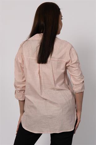 Çizgili Ve Simli Uzun Pamuk Viskon Gömlek 2730