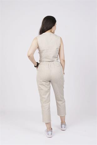 Çizgili Yelek Ve Kemerli Pantolon Kot Gabardin Kumaş Takım 9107