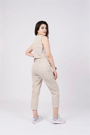 Çizgili Yelek Ve Kemerli Pantolon Kot Gabardin Kumaş Takım 9107