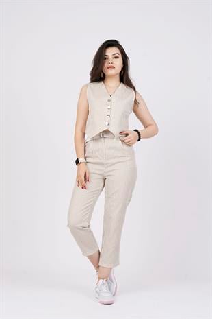 Çizgili Yelek Ve Kemerli Pantolon Kot Gabardin Kumaş Takım 9107