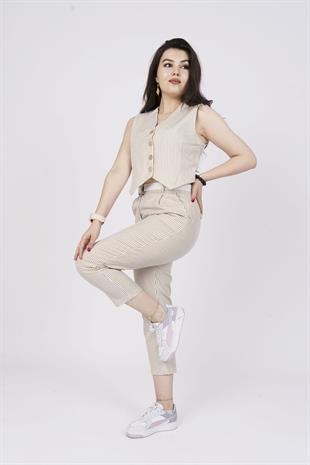 Çizgili Yelek Ve Kemerli Pantolon Kot Gabardin Kumaş Takım 9107