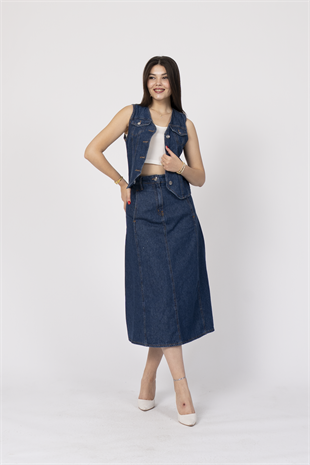 Denim-Kot Yelek ve Etek Takım 1225