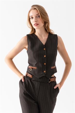 Deri Detaylı Yelek Ve Beli Latikli Çizgili Pantolon Takım 1152