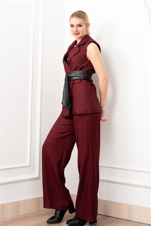Deri Kuşak Kemerli Yelek ve Cepli Pantolon Takım 1282