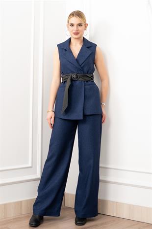 Deri Kuşak Kemerli Yelek ve Cepli Pantolon Takım 1282