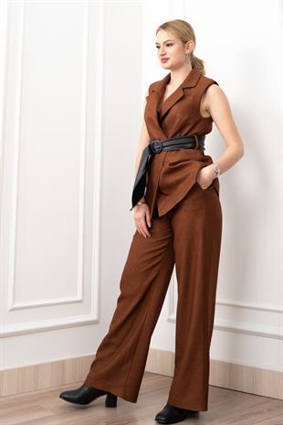 Deri Kuşak Kemerli Yelek ve Cepli Pantolon Takım 1282