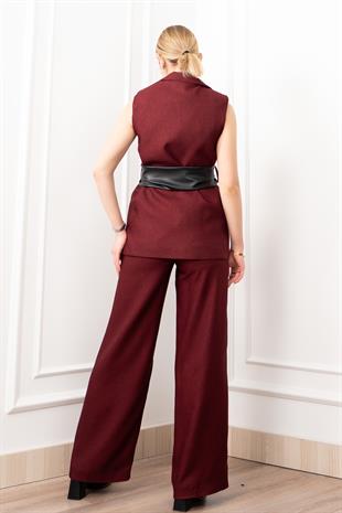 Deri Kuşak Kemerli Yelek ve Cepli Pantolon Takım 1282