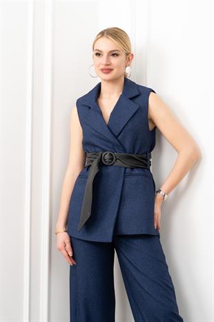 Deri Kuşak Kemerli Yelek ve Cepli Pantolon Takım 1282