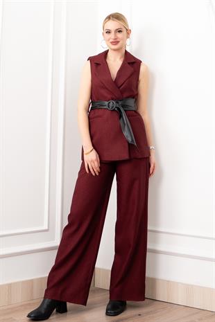 Deri Kuşak Kemerli Yelek ve Cepli Pantolon Takım 1282