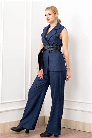 Deri Kuşak Kemerli Yelek ve Cepli Pantolon Takım 1282