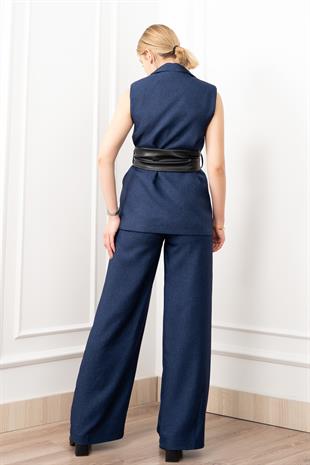 Deri Kuşak Kemerli Yelek ve Cepli Pantolon Takım 1282