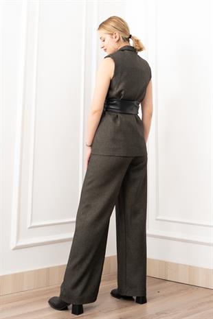 Deri Kuşak Kemerli Yelek ve Cepli Pantolon Takım 1282