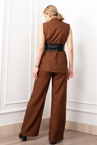 Deri Kuşak Kemerli Yelek ve Cepli Pantolon Takım 1282