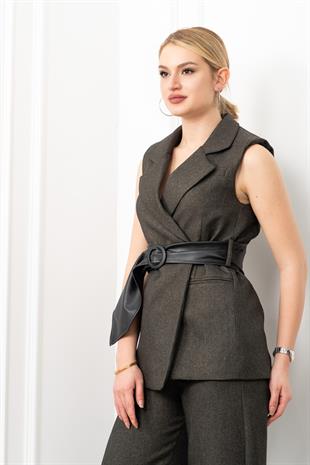 Deri Kuşak Kemerli Yelek ve Cepli Pantolon Takım 1282