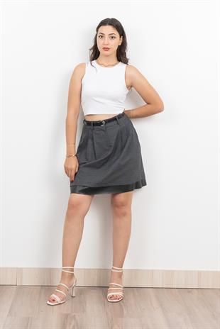 Deri Parçalı Kemerli Pileli Etek 6740