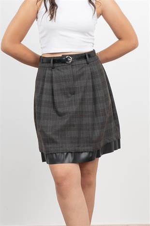 Deri Parçalı Kemerli Pileli Etek 6740