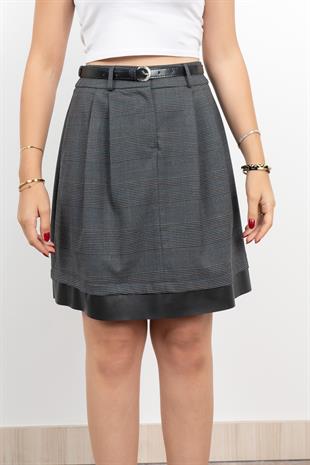 Deri Parçalı Kemerli Pileli Etek 6740