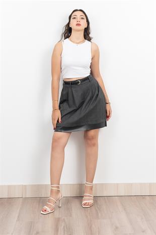 Deri Parçalı Kemerli Pileli Etek 6740