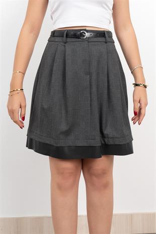 Deri Parçalı Kemerli Pileli Etek 6740