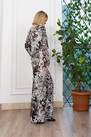 Desenli Önden Bağlamalı Bluz ve Beli Lastikli Boru Paça Pantolon Takım 1255