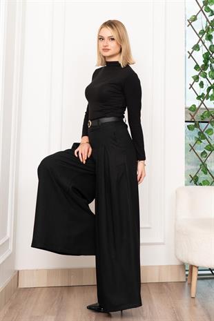 Dikiş Pileli Bol Paça Kemerli Pantolon 30183