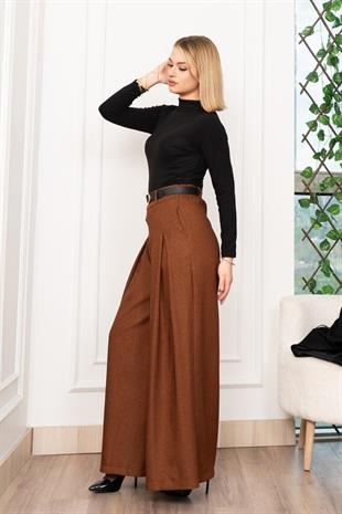 Dikiş Pileli Bol Paça Kemerli Pantolon 30183