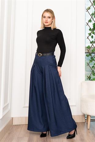 Dikiş Pileli Bol Paça Kemerli Pantolon 30183