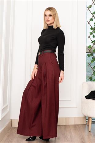 Dikiş Pileli Bol Paça Kemerli Pantolon 30183