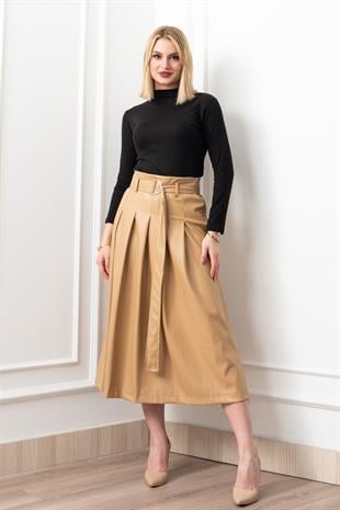 Double Zip Kuşaklı Deri Etek 6821