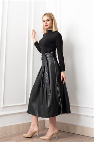 Double Zip Kuşaklı Deri Etek 6821