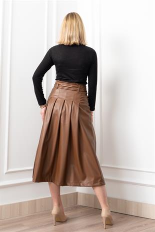 Double Zip Kuşaklı Deri Etek 6821
