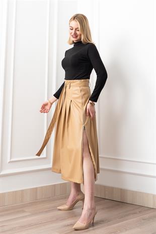 Double Zip Kuşaklı Deri Etek 6821