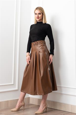 Double Zip Kuşaklı Deri Etek 6821