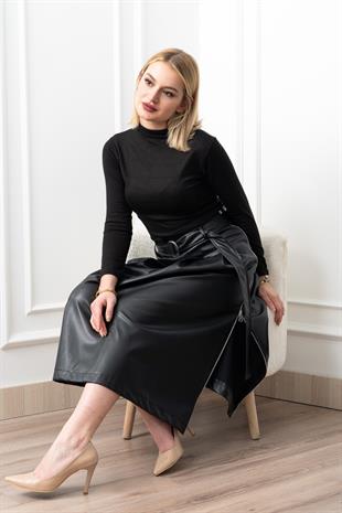 Double Zip Kuşaklı Deri Etek 6821