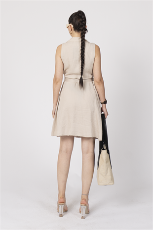 Düğme Detaylı Kuşaklı Keten Kolsuz Elbise 50315