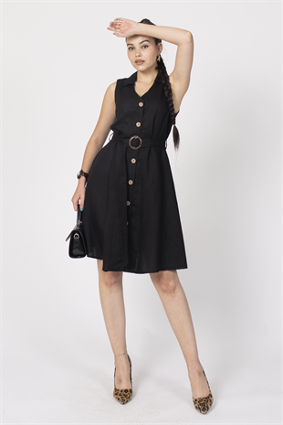 Düğme Detaylı Kuşaklı Keten Kolsuz Elbise 50315