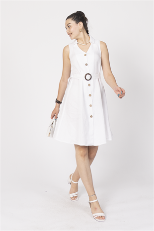 Düğme Detaylı Kuşaklı Keten Kolsuz Elbise 50315