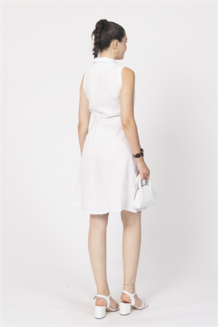 Düğme Detaylı Kuşaklı Keten Kolsuz Elbise 50315