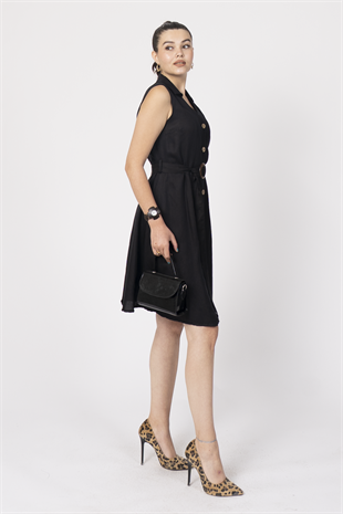 Düğme Detaylı Kuşaklı Keten Kolsuz Elbise 50315