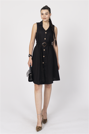 Düğme Detaylı Kuşaklı Keten Kolsuz Elbise 50315