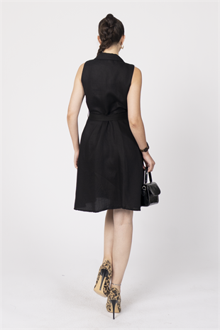 Düğme Detaylı Kuşaklı Keten Kolsuz Elbise 50315