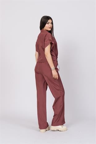 Düşük Omuz Kısa Kol Üst Ve Beli Lastikli Bol Paça Pantolon 1207