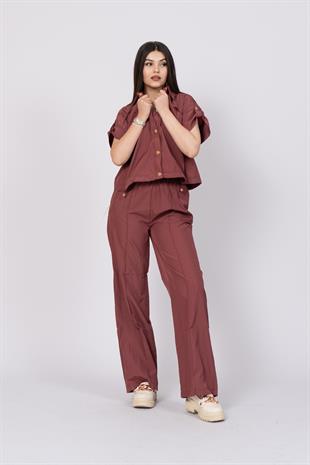 Düşük Omuz Kısa Kol Üst Ve Beli Lastikli Bol Paça Pantolon 1207