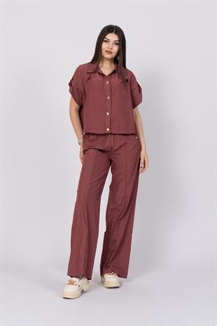 Düşük Omuz Kısa Kol Üst Ve Beli Lastikli Bol Paça Pantolon 1207