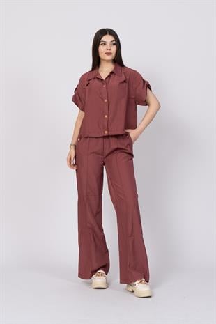 Düşük Omuz Kısa Kol Üst Ve Beli Lastikli Bol Paça Pantolon 1207