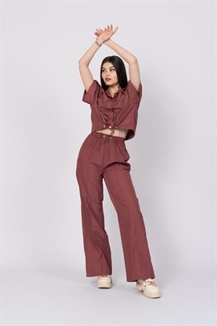 Düşük Omuz Kısa Kol Üst Ve Beli Lastikli Bol Paça Pantolon 1207