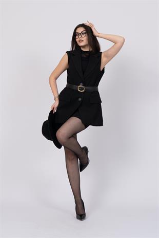 Düşük Omuzlu Süs Cepli Uzun Yelek 9128