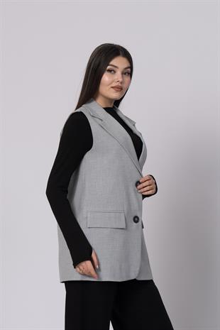 Düşük Omuzlu Süs Cepli Uzun Yelek 9128